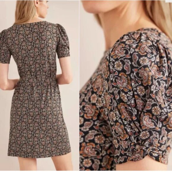 NWT BODEN Puff Sleeve Tie Waist Fit & Flare Dress Block Paisley Size 4 - Picture 2 of 11
